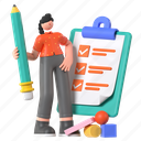 filling survey, list, checklist, feedback, form, marketing strategy, promotion, business, 3d character