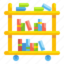 book, cart, education, library, school, shelf, trolley