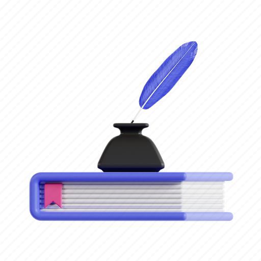 Books, inkwell, ink, calligraphy, writing, inkpot, pen 3D illustration - Download on Iconfinder