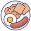 breakfast, egg, sausage, bread 