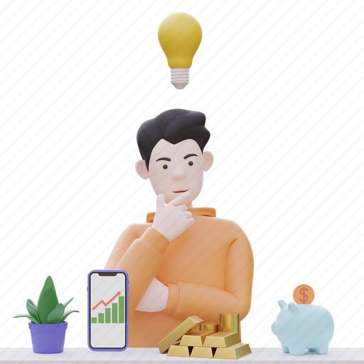 Man, investing, money, thinking idea 3D illustration - Download on Iconfinder