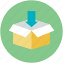 carton box, down arrow, download, open box, packaging 