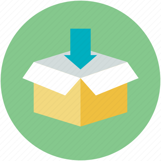 Carton box, down arrow, download, open box, packaging icon - Download on Iconfinder