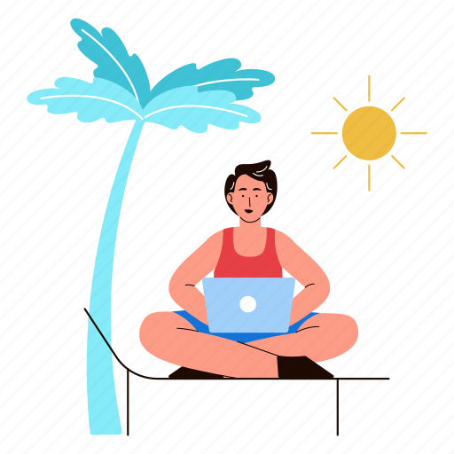 Work on vacation, holiday, summer, beach, laptop, smart working, productivity illustration - Download on Iconfinder