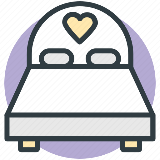 Bed, bedroom, couple bedroom, heart pillows, hotel room, wedding decoration icon - Download on Iconfinder