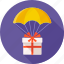 emoticon, gift, gift box, parachute, present, surprise, surprised 