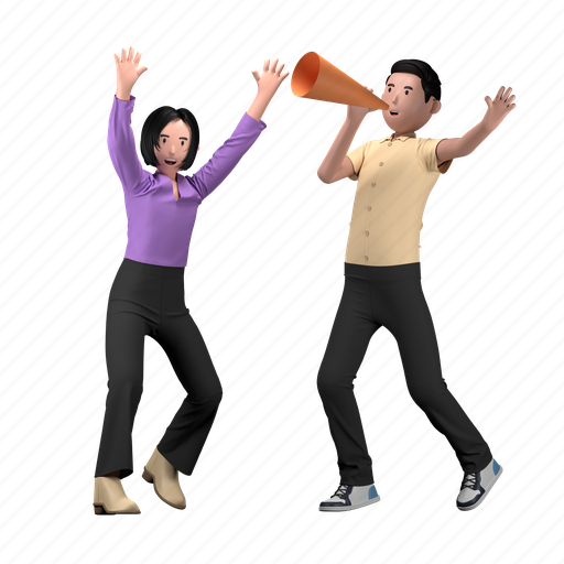 Congratulation, trumpet, dancing, girl, boy, happy, celebration 3D illustration - Download on Iconfinder