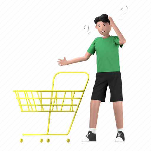 Empty cart, trolley, out of stock, shopping cart, confused, question, boy 3D illustration - Download on Iconfinder