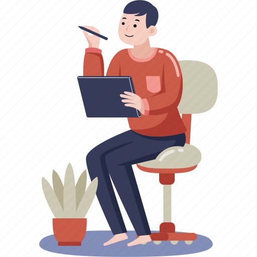 Man, working, digital, tablet, work, home, office illustration - Download on Iconfinder