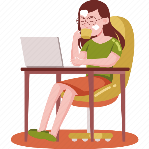 Woman, working, laptop, work, home, office, business illustration - Download on Iconfinder