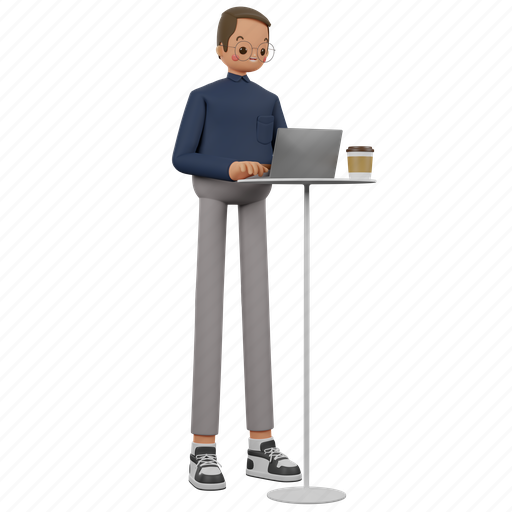 Man, standing, using, laptop, stand, computer, people 3D illustration - Download on Iconfinder