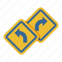 arrow, direction, directional, road, sign, traffic, turn