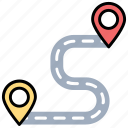 location pins, location pointers, road map, route, travel distance