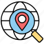 find location, global location search, globe with magnifier, gps navigation, location tracking 
