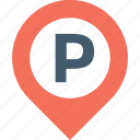 map pin, park area, parking, pin, road sign