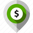 bank, cash, dollar sign, location pointer, map pin, money, navigation marker