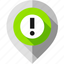 alarm, attention, exclamation mark, location pointer, map pin, navigation marker, warning