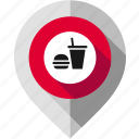 burger, cafe, drink, fast food, location pointer, map pin, navigation marker