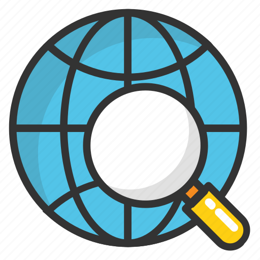 Discovery, find location, global location search, global view, globe with magnifier icon - Download on Iconfinder