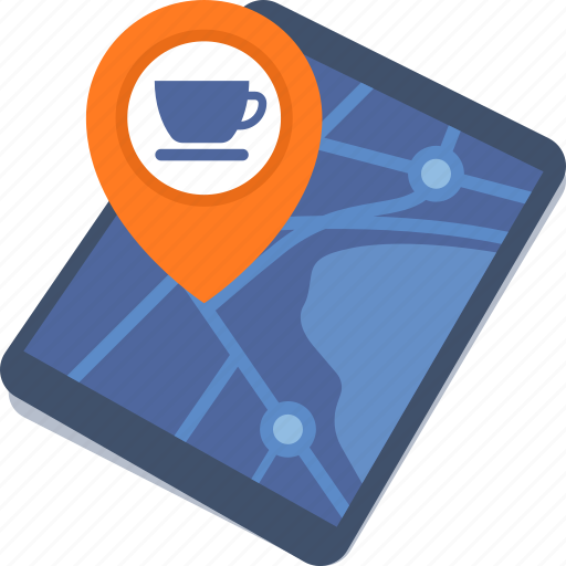 Coffee shop, direction, map, restaurant location, tablet icon