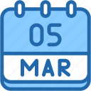 calendar, march, five, date, monthly, time, and, month, schedule
