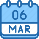 calendar, march, six, date, monthly, time, and, month, schedule