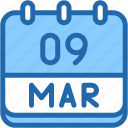 calendar, march, nine, date, monthly, time, and, month, schedule