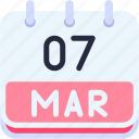 calendar, march, seven, date, monthly, time, and, month, schedule