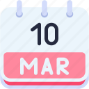 calendar, march, ten, date, monthly, time, and, month, schedule