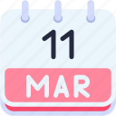 calendar, march, eleven, date, monthly, time, and, month, schedule