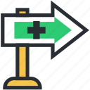 direction arrow, guidepost, hospital direction, hospital location, hospital signboard 