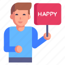 happy girl, happy person, placard, man, male