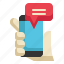 hand, mobile, speech, text, message icon, device 