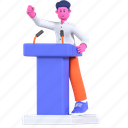 podium, speech, speaker, conference, meeting, businessman, working, 3d character, business 