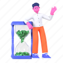 time is money, hourglass, finance, income, investment, businessman, working, 3d character, business 