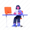 files, document, report, checking, work, businesswoman, working, 3d character, business 