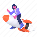riding rocket, rocket, launch, launching, startup, businesswoman, working, 3d character, business 
