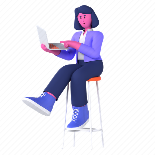 Laptop, sit, enjoy, work, businesswoman, working, 3d character 3D illustration - Download on Iconfinder