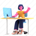 desktop, working space, computer, work, online, creative industry, girl, startup, 3d characters 