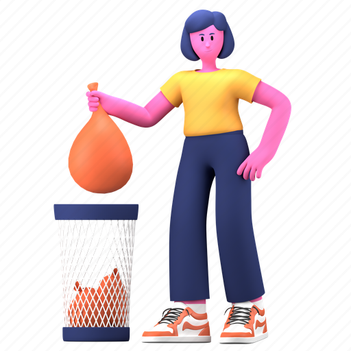 Trash bag, trash can, recycle, bin, garbage, creative industry, girl 3D illustration - Download on Iconfinder