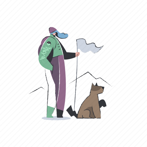 Achievements, sports, explore, exploration, woman, flag, dog illustration - Download on Iconfinder