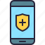app, health, mobile, phone, protection, security, shield 