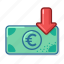 eur, down, banknote, arrow, cash, money 