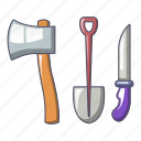 axe, cartoon, climbing, equipment, expedition, knife, shovel