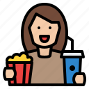 woman, popcorn, movie, entertainment