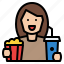 woman, popcorn, movie, entertainment 