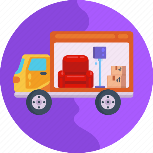 Moving, delivery truck, sofa, box, moving home, lamp shade, moving home truck icon - Download on Iconfinder