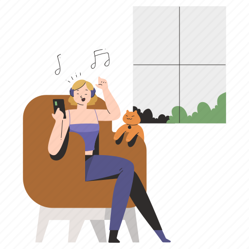 Leisure, music, listen, entertainment, home, chair, cat illustration - Download on Iconfinder