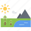 mountain, sun, tree, lake, nature, landscape 