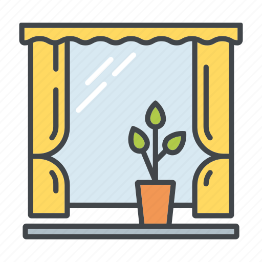 Curtain, decoration, flower pot, home, interior, window, windowsill icon - Download on Iconfinder